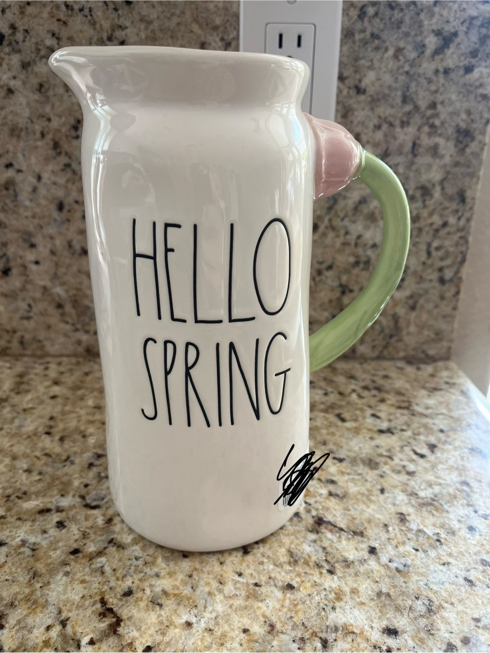 Rae Dunn White Pitcher with Pink & Green Handle Hello Spring
